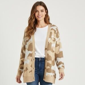 Lucky Brand Wool-Blend Camo Cardigan Sweater Tan Natural Beige Size Large